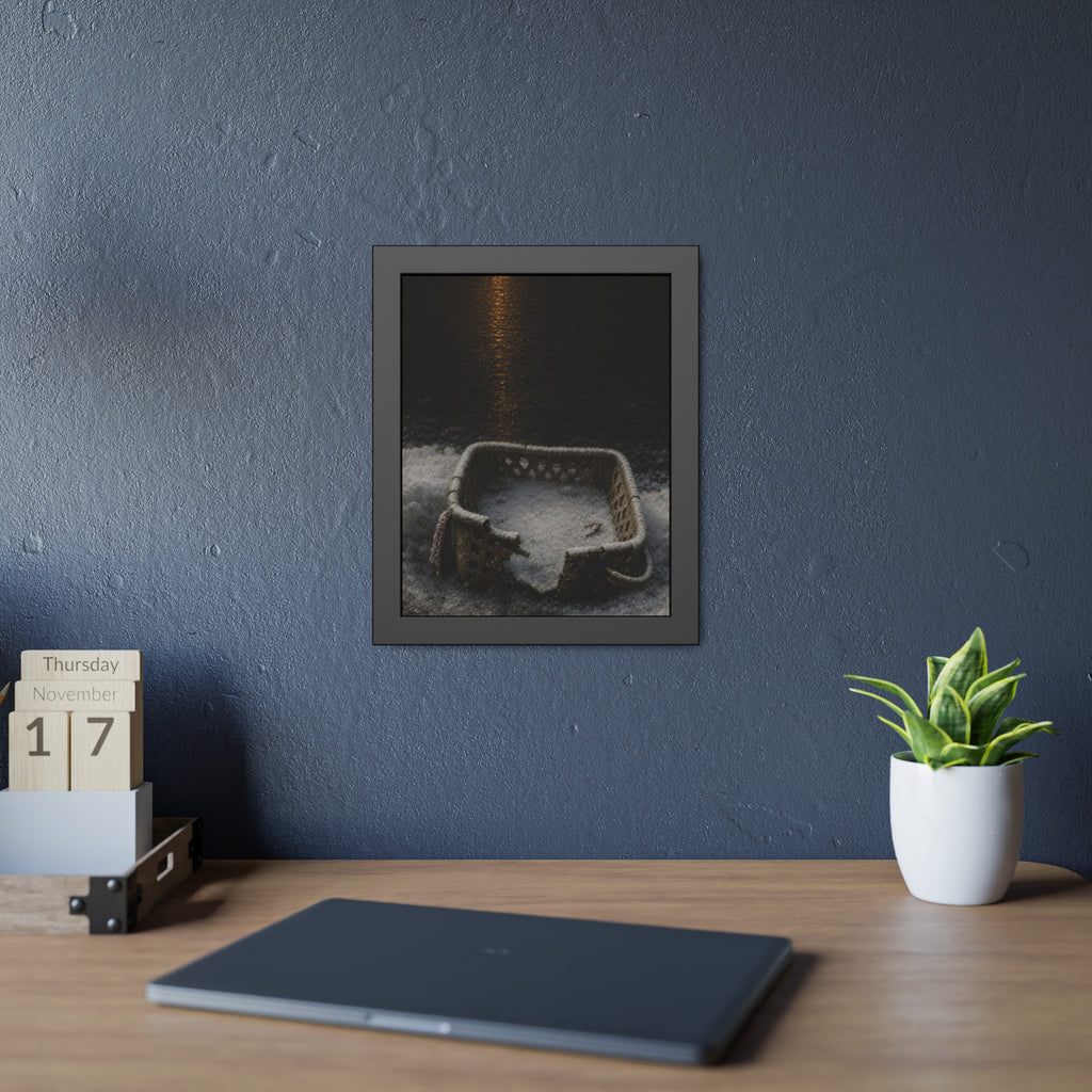 A cracked laundry basket half buried in snow under a distant lamp. The First Snow by Garabaggio, framed fine art print hanging in a room.