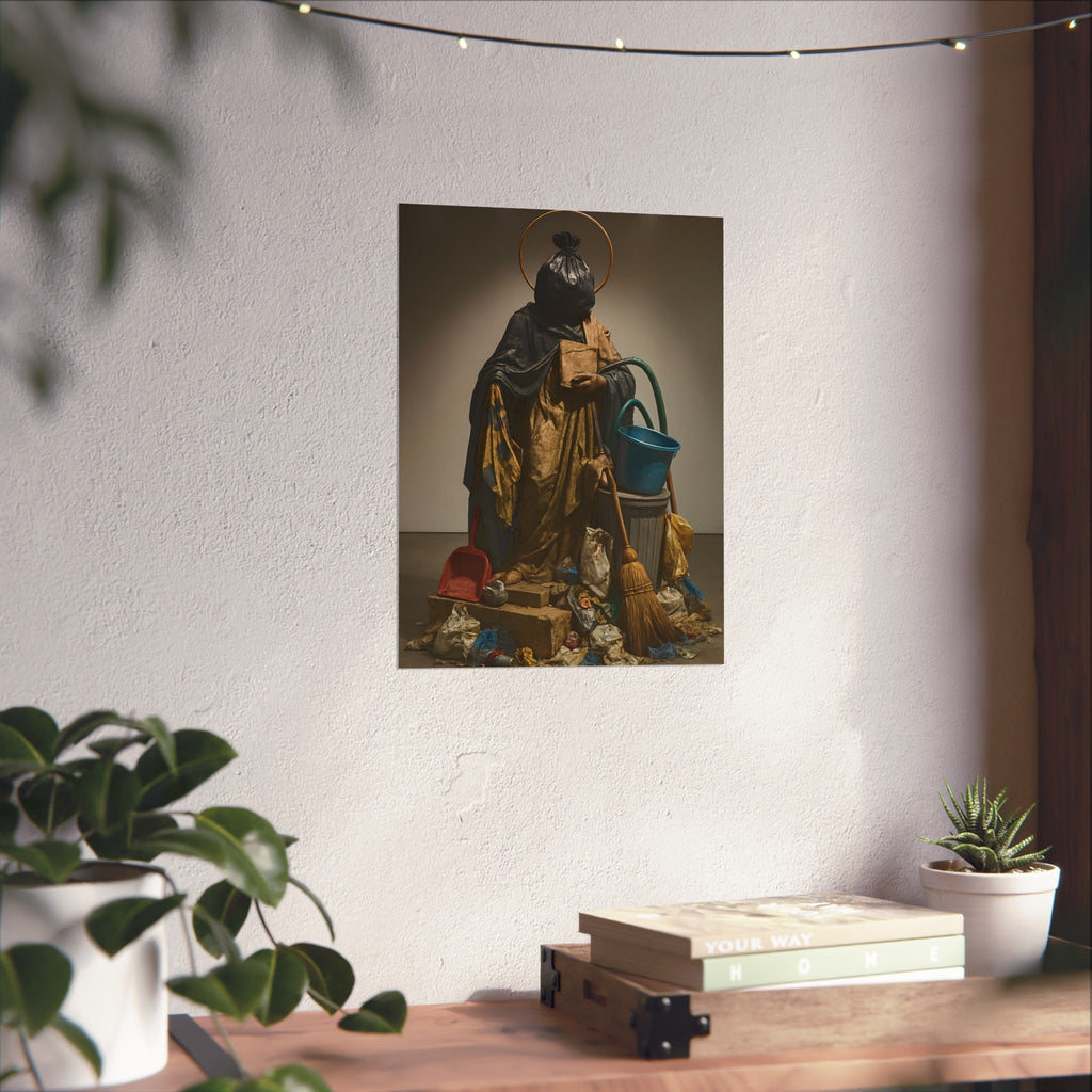 A robed figure with a garbage bag head and gold halo holding a broom. The Custodian Enthroned by Garabaggio, fine art print hanging in a room.