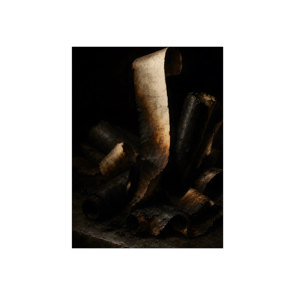 Charred curls of paper heaped together, one pale roll standing upright. The Blackening by Garabaggio, fine art print, 12″ x 16″.
