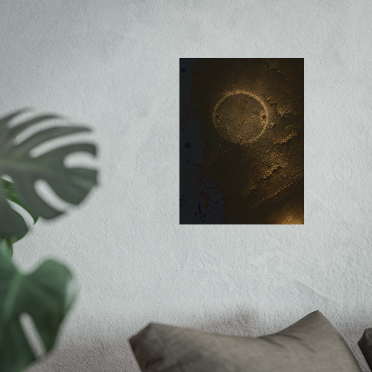A pale ring and two screw holes on a peeling ceiling where a detector was. The Circle on the Ceiling by Garabaggio, fine art print hanging in a room.