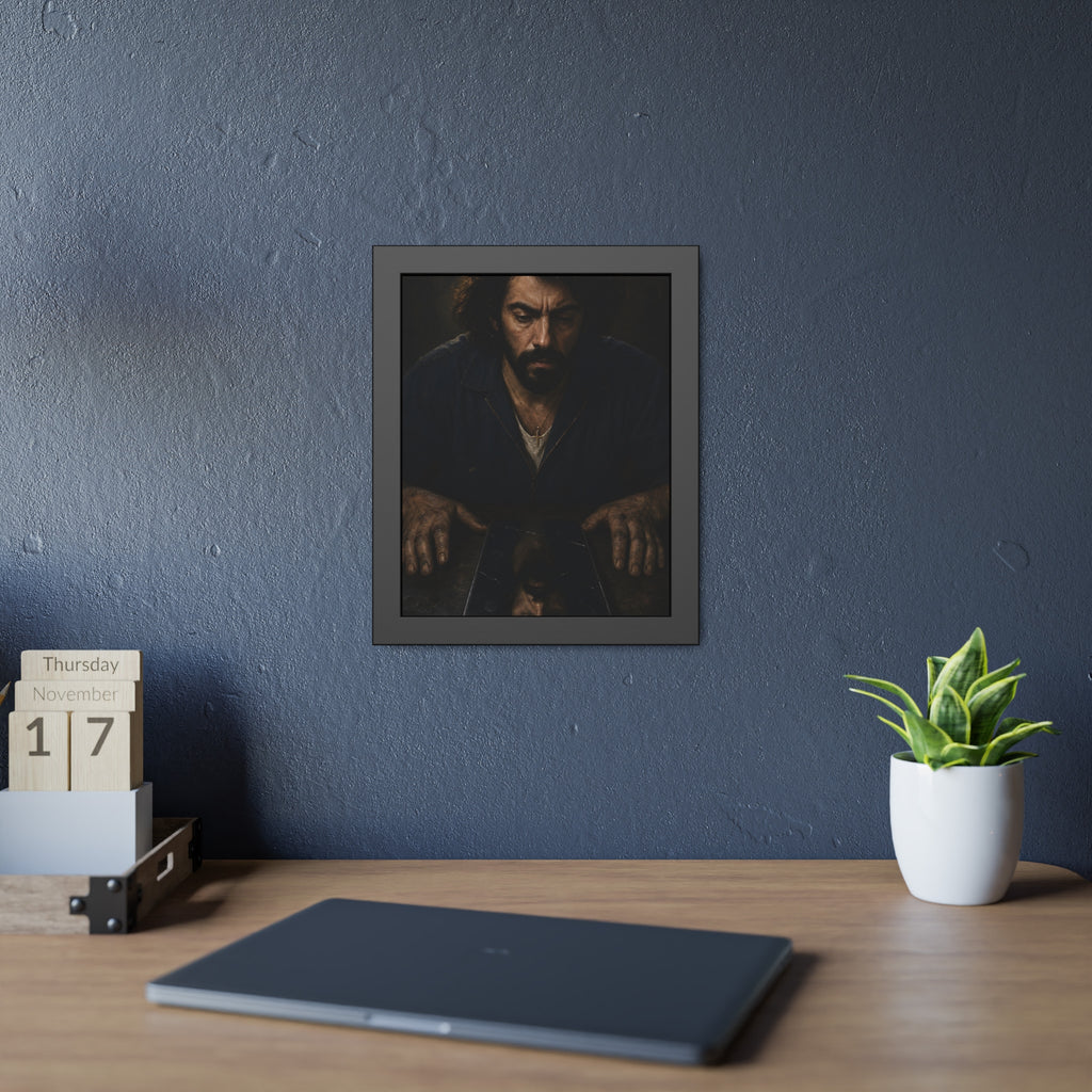 A bearded man in coveralls looking down at his face in a cracked screen. The Mirror After Midnight by Garabaggio, framed fine art print hanging in a room.