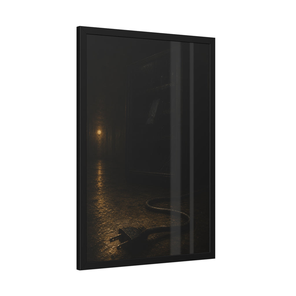 A dark vending machine with its unplugged cord lying on a wet corridor floor. The Unplugging by Garabaggio, framed fine art print hanging in a room.