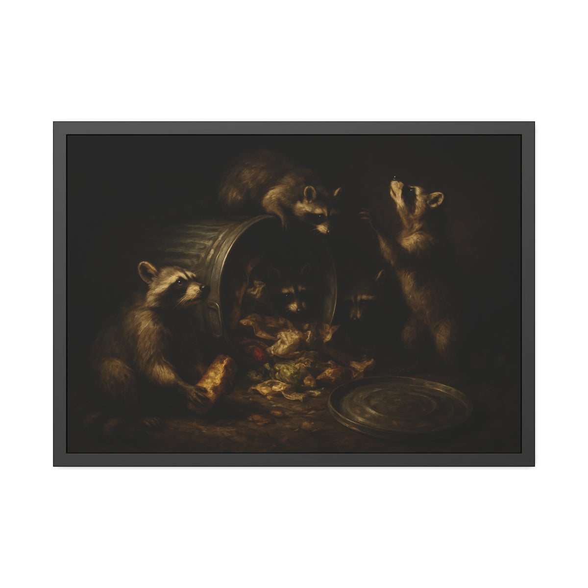 Raccoons around a tipped metal trash can, scattering food scraps. The Vigil of the Midnight Feast by Garabaggio, framed fine art print hanging in a room.