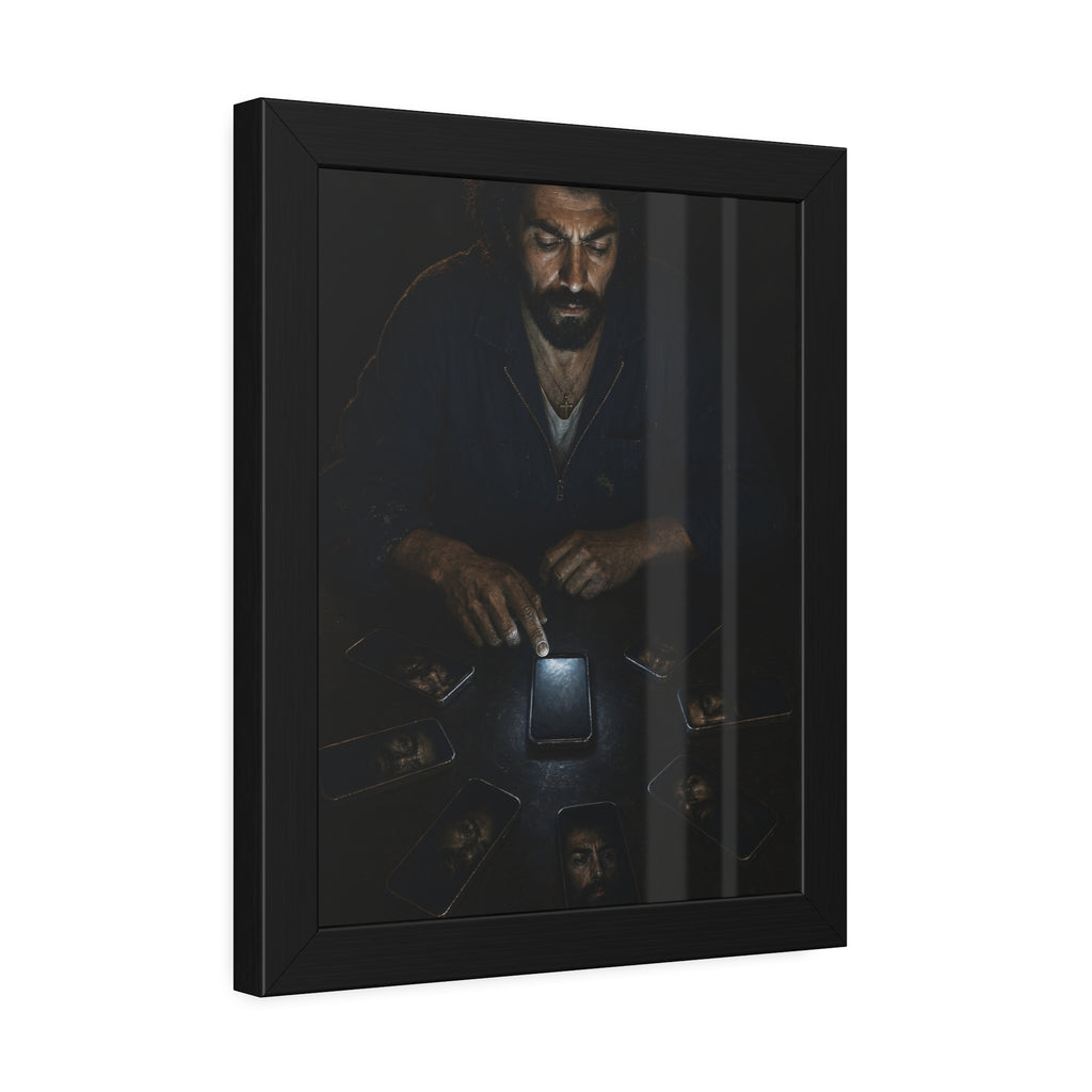 A bearded man at a dark table ringed by phones, one lit screen under his hand. The Congregation of Faces by Garabaggio, framed fine art print hanging in a room.