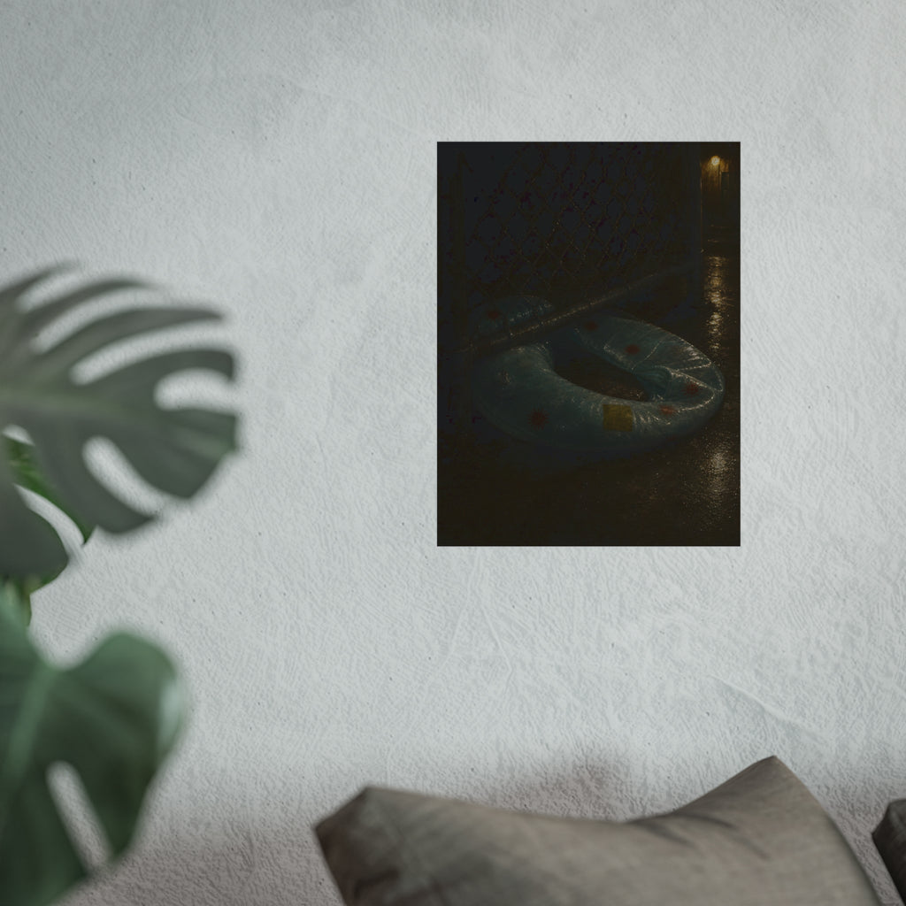 A deflated ring float pushed under a chain link fence in a wet alley. The Escape Beneath the Fence by Garabaggio, fine art print hanging in a room.
