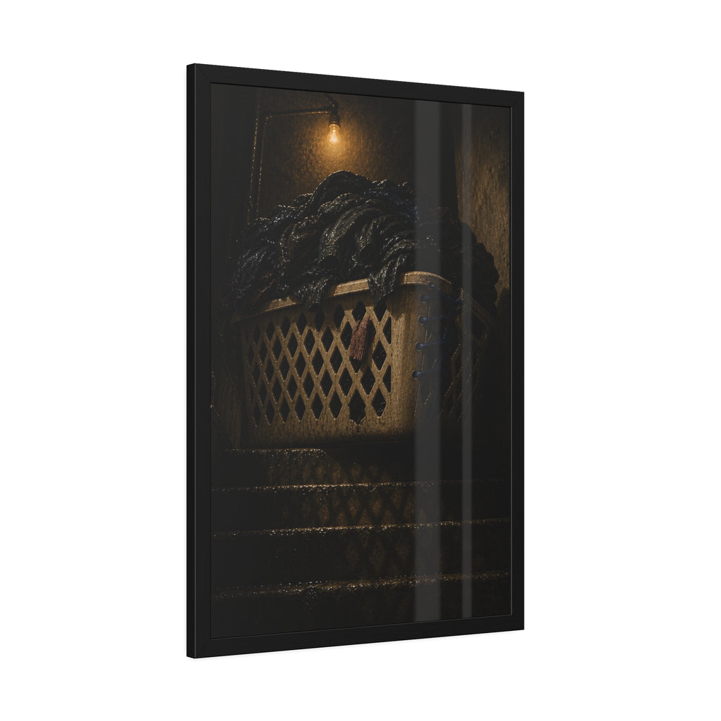 A laundry basket heaped with clothes on stairs under a bare bulb. The Overload on the Basement Stairs by Garabaggio, framed fine art print hanging in a room.