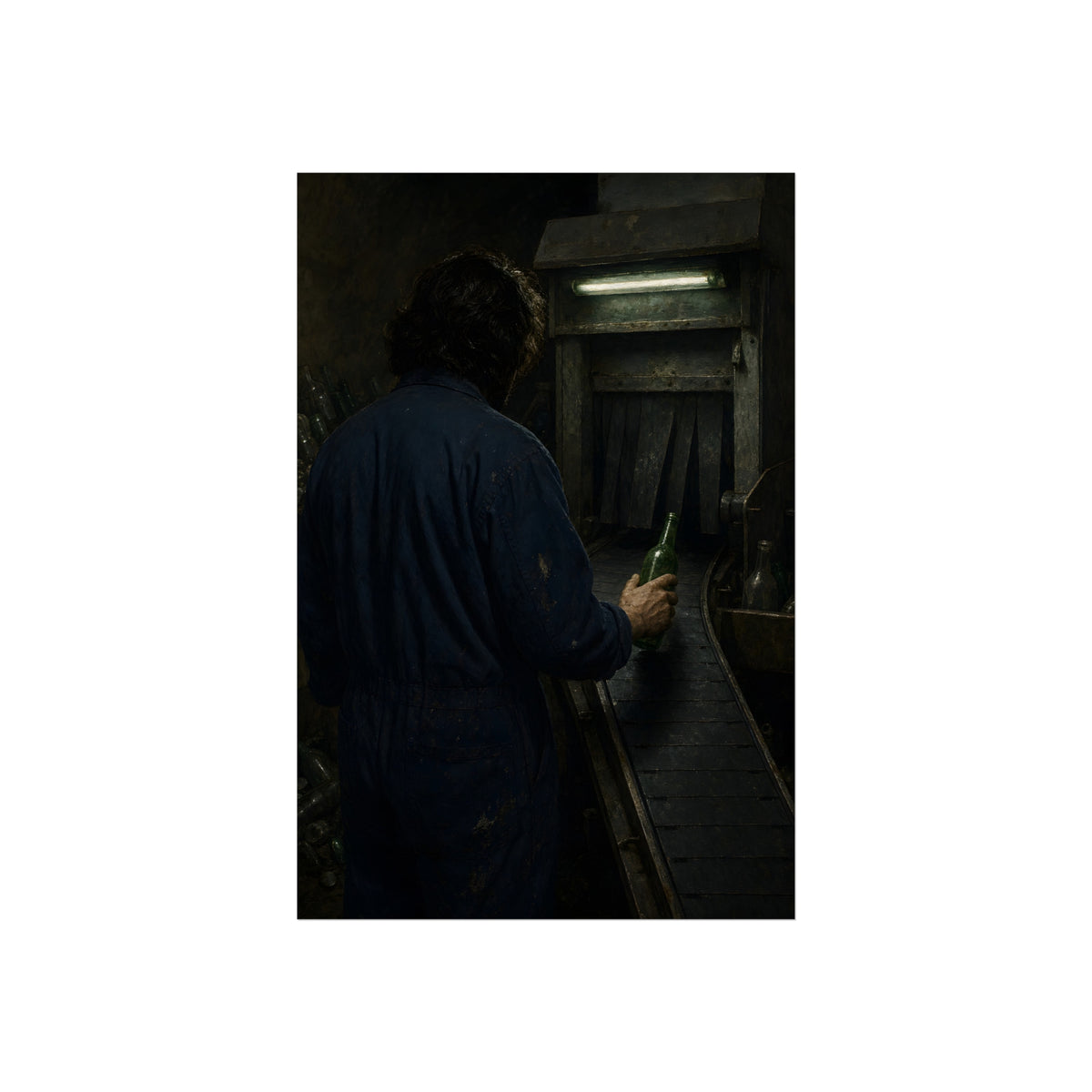 A man in coveralls sets a green bottle on a conveyor under a strip light. Garabaggio at the Conveyor by Garabaggio, fine art print, 24″ x 36″.