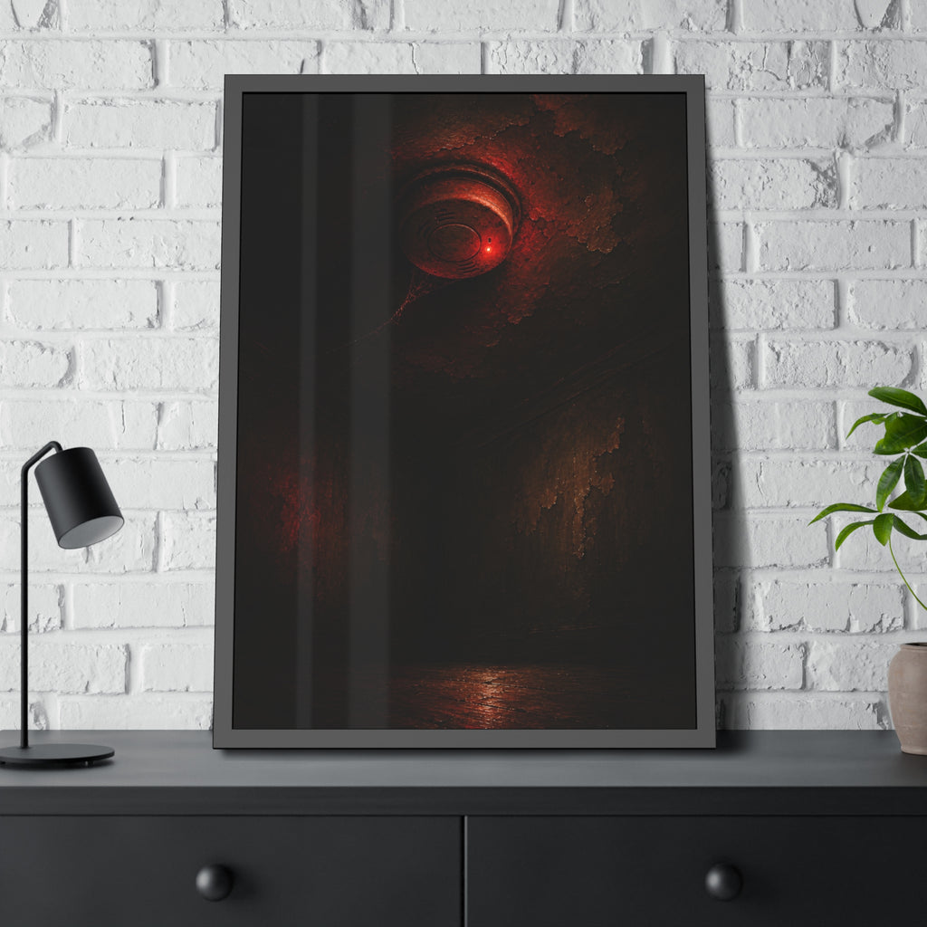 A ceiling smoke detector glowing red in an empty peeling room. The Alarm in an Empty Room by Garabaggio, framed fine art print hanging in a room.