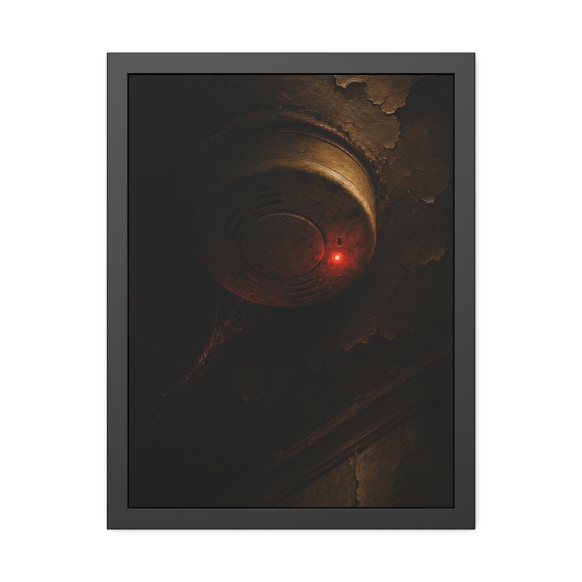 A smoke detector with a red light on a peeling ceiling, cobwebs beneath. The Chirp at Three Forty by Garabaggio, framed fine art print, 18″ x 24″.