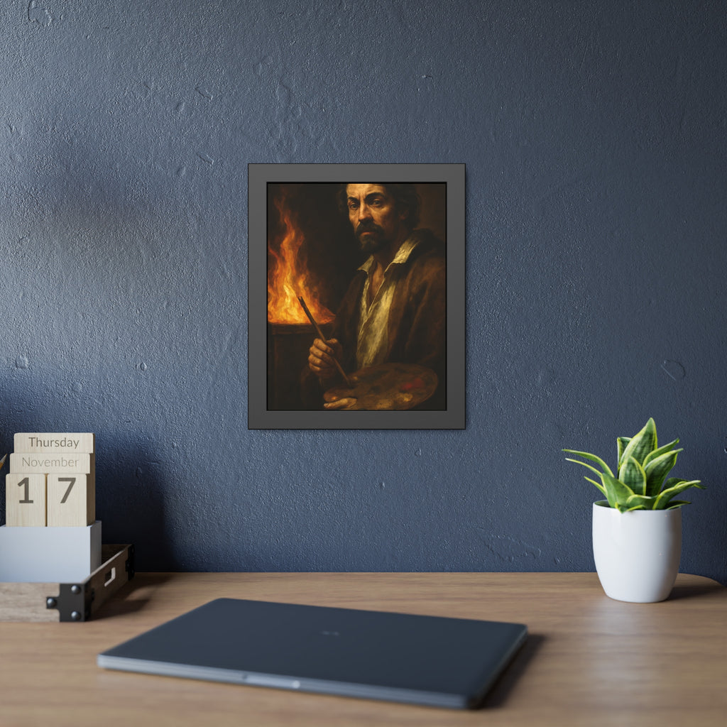 Man holding a palette and brushes, a fire behind him. Self-Portrait with Palette (After Caravaggio) by Garabaggio, framed fine art print hanging in a room.