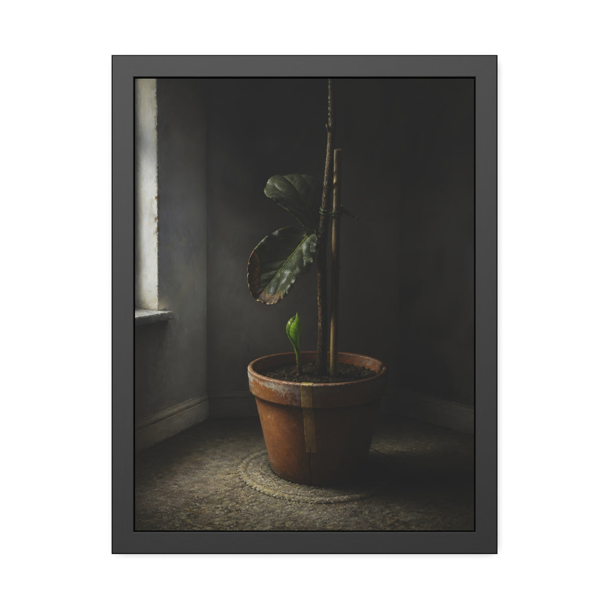 A potted plant down to two curled leaves and one new sprout by a window. The Corner by the Window Again by Garabaggio, framed fine art print, 18″ x 24″.