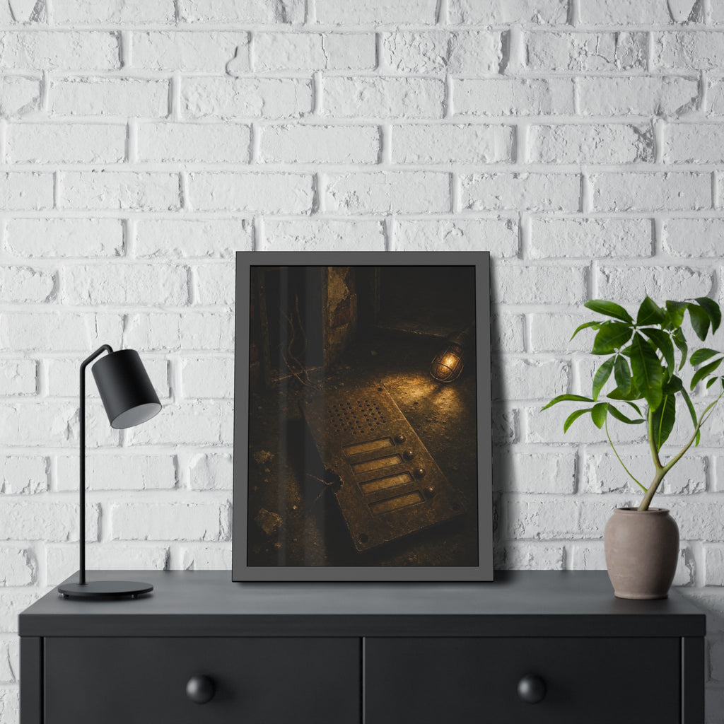 An intercom panel face up on a floor, wires cut, lit by a work lamp. The Plate Taken Down by Garabaggio, framed fine art print hanging in a room.