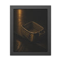 A cracked plastic laundry basket with a warped rim on wet asphalt. The Crushing of the Rim by Garabaggio, framed fine art print, 11″ x 14″.