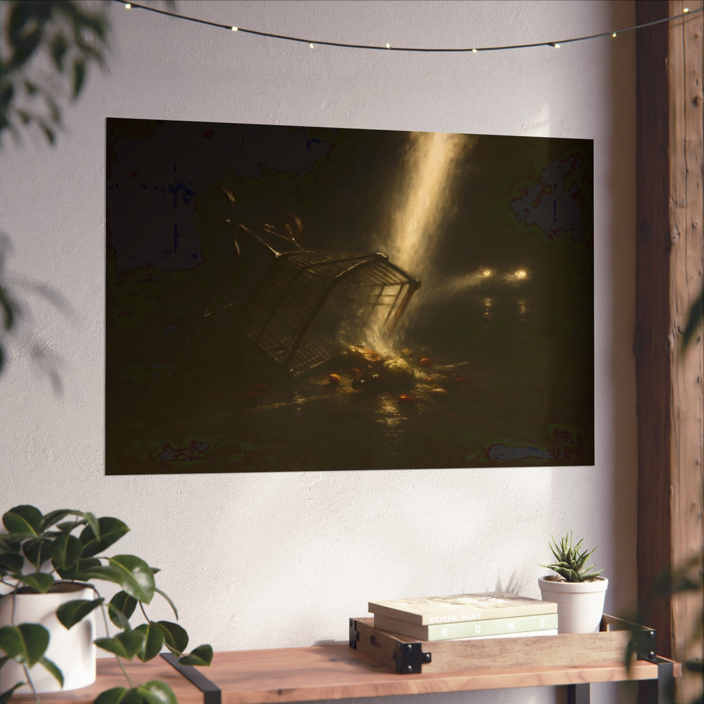 A tipped shopping cart spilling groceries in a shaft of light. The Conversion of the Shopping Cart by Garabaggio, fine art print hanging in a room.