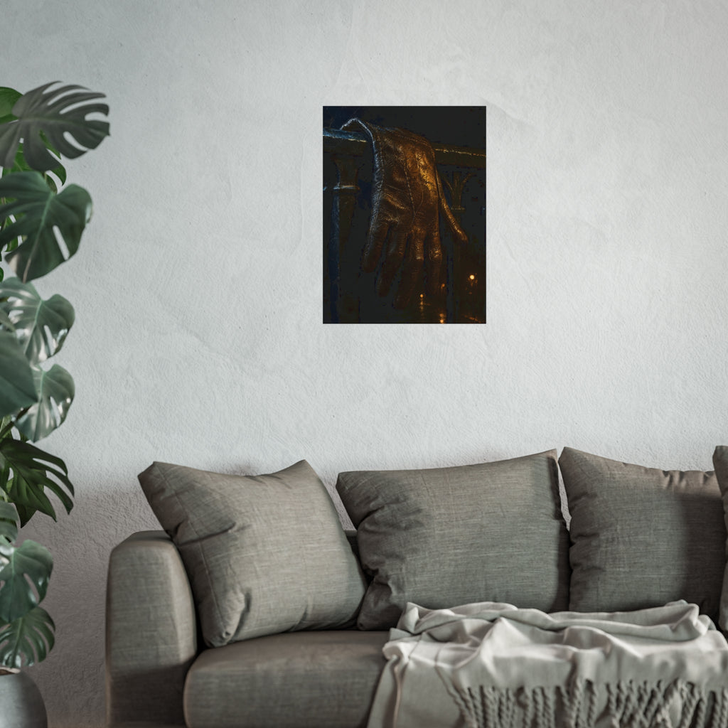 A leather glove draped over an iron railing, fingers hanging. The Repose of the Leather Glove, No. 1 by Garabaggio, fine art print hanging in a room.