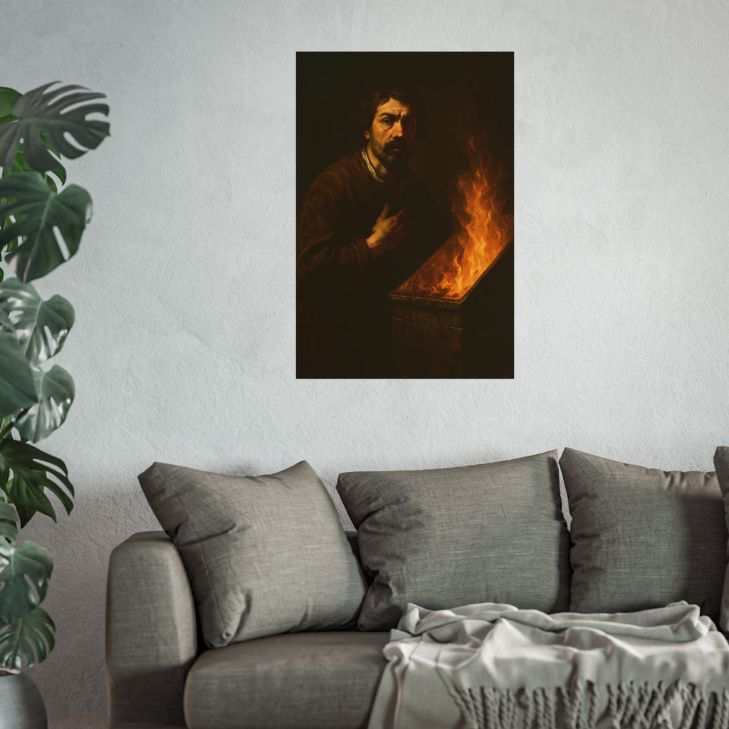 Man with a hand on his chest as flames run the length of a dumpster. Self-Portrait in the Final Hour by Garabaggio, fine art print hanging in a room.