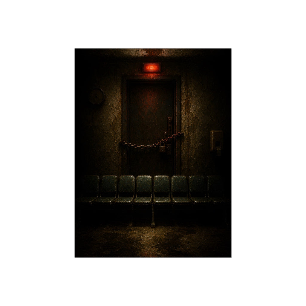 Chained waiting room door under a red exit light, empty seats below. After Closing by Garabaggio, fine art print, 12″ x 16″.