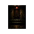 Chained waiting room door under a red exit light, empty seats below. After Closing by Garabaggio, fine art print, 12″ x 16″.