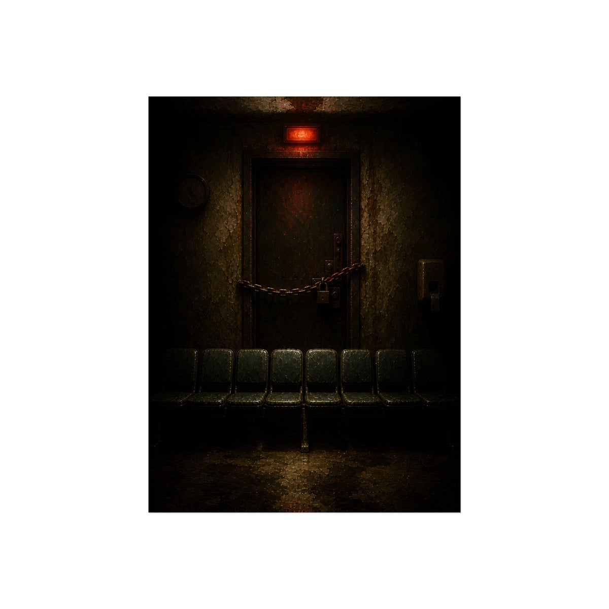 Chained waiting room door under a red exit light, empty seats below. After Closing by Garabaggio, fine art print, 12″ x 16″.
