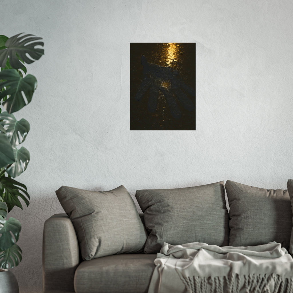 A flattened black glove pressed into wet asphalt beside a light streak. The Flattening, Study No. 1 by Garabaggio, fine art print hanging in a room.