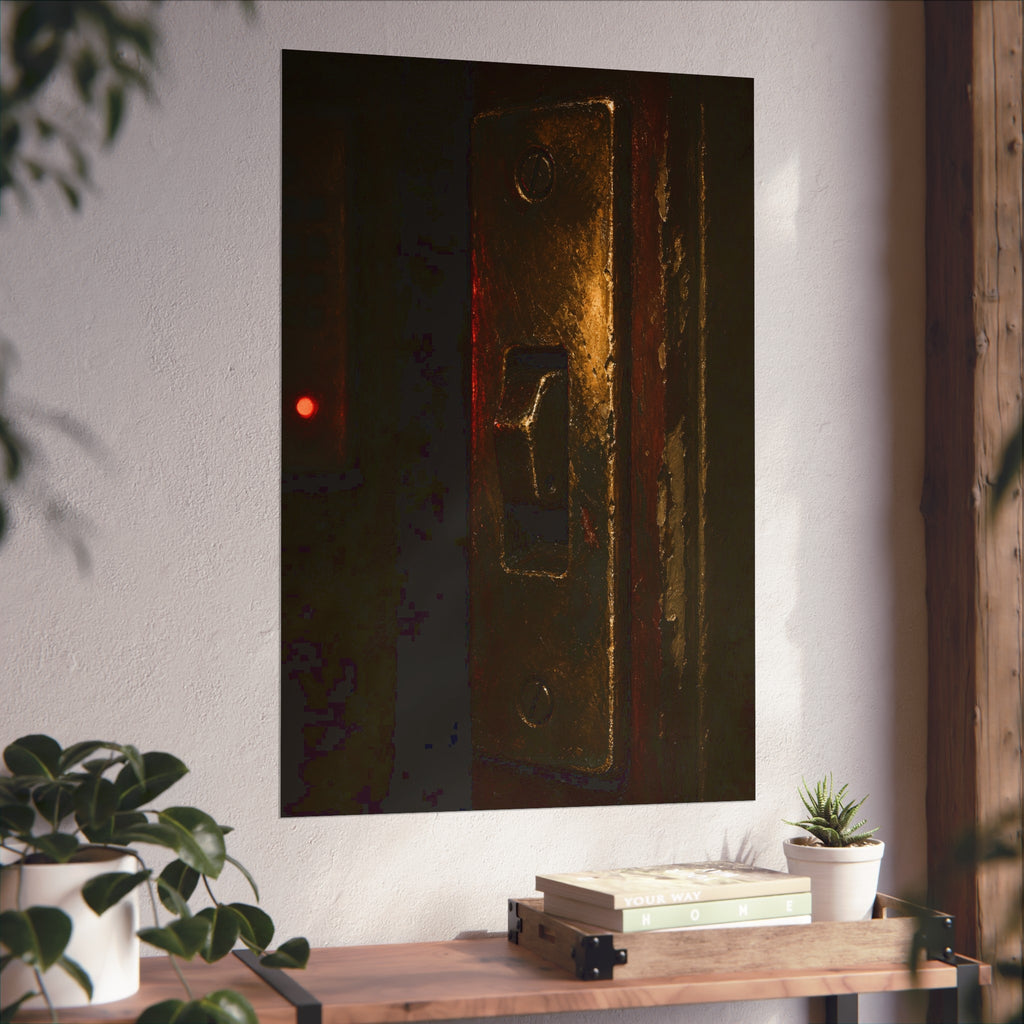 A brass door latch beside an intercom with a small red light. The Door Does Not Release by Garabaggio, fine art print hanging in a room.