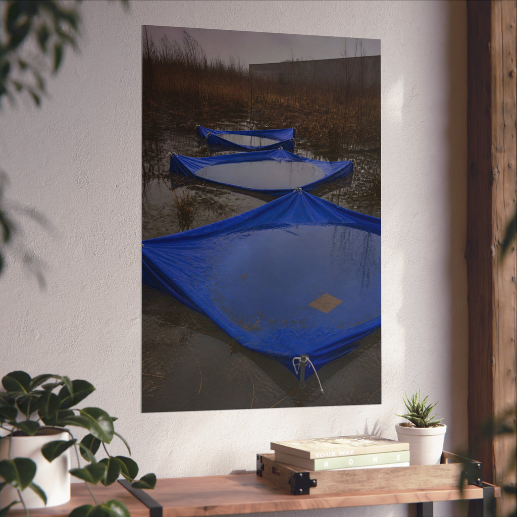 Three blue tarps holding pooled rainwater in a weedy vacant lot. Flooded in the Vacant Lot by Garabaggio, fine art print hanging in a room.