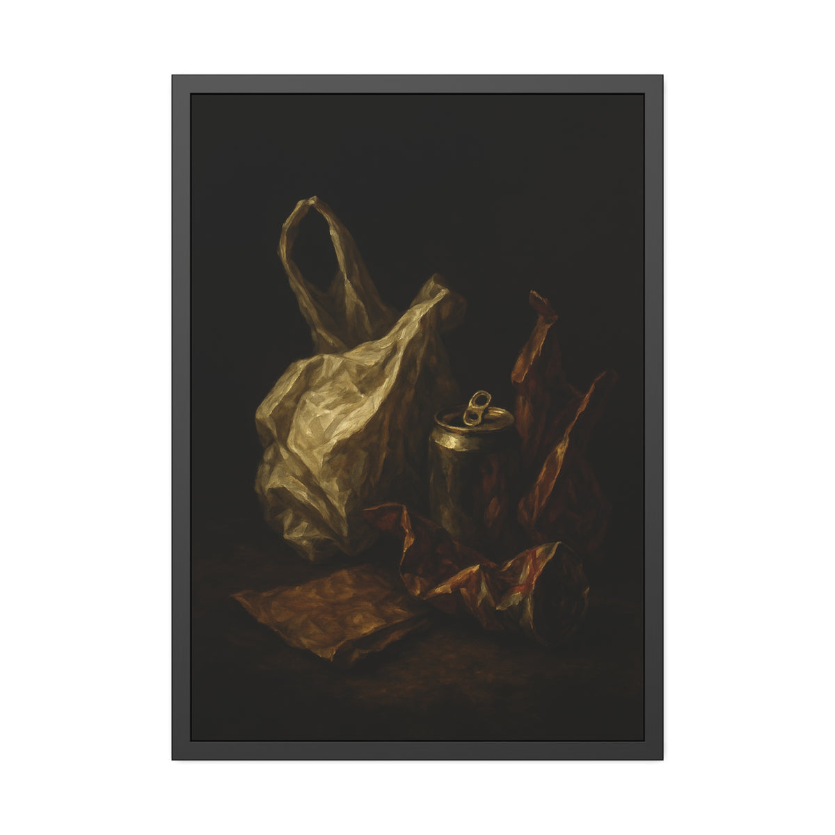 A crumpled plastic bag, crushed can and foil wrappers on a dark table. The Pietà of the Deflated by Garabaggio, framed fine art print hanging in a room.
