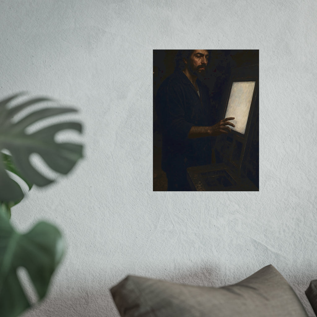 A bearded man in coveralls touching a glowing checkout screen. The Invitation to Begin by Garabaggio, fine art print hanging in a room.