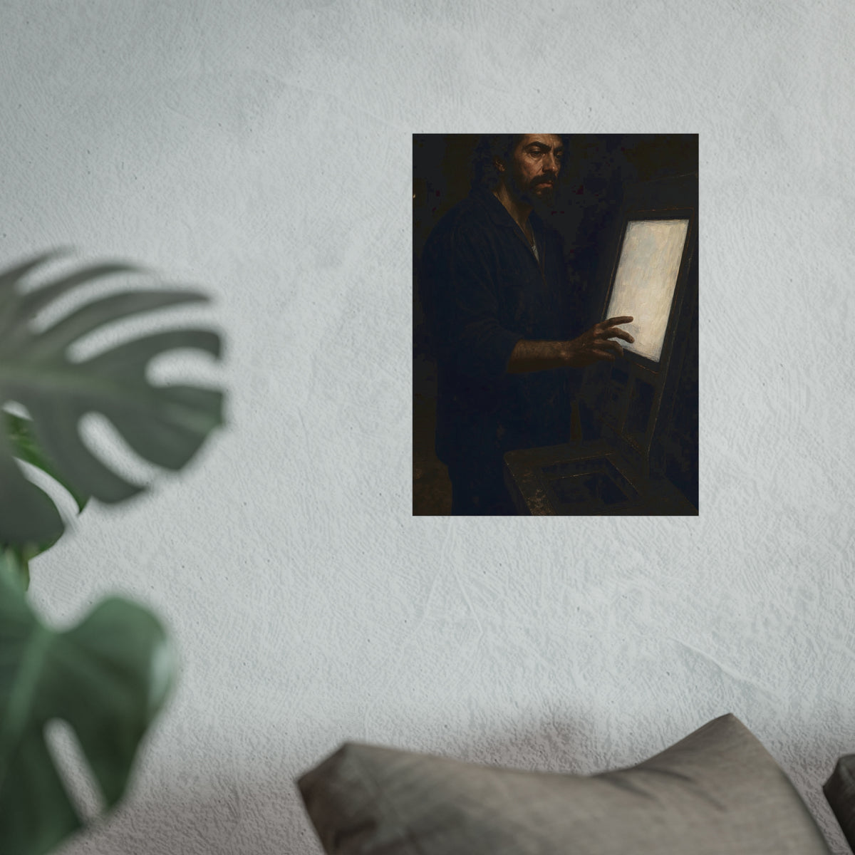 A bearded man in coveralls touching a glowing checkout screen. The Invitation to Begin by Garabaggio, fine art print hanging in a room.