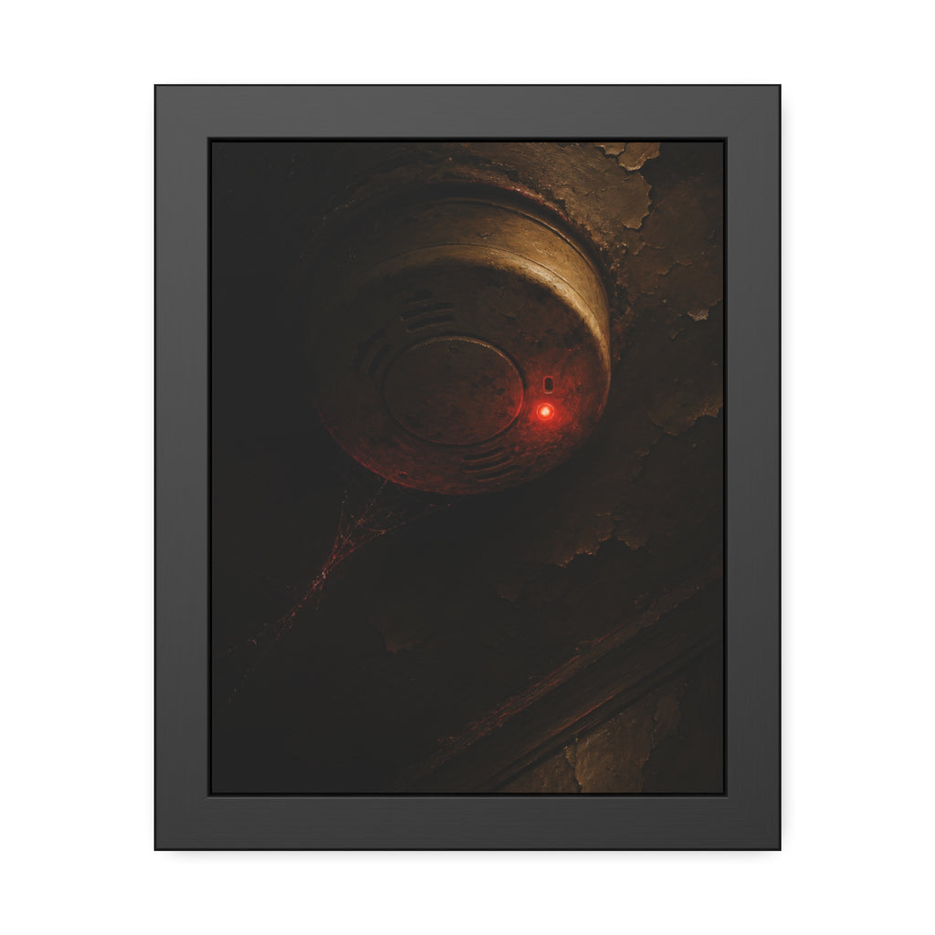 A smoke detector with a red light on a peeling ceiling, cobwebs beneath. The Chirp at Three Forty by Garabaggio, framed fine art print, 11″ x 14″.
