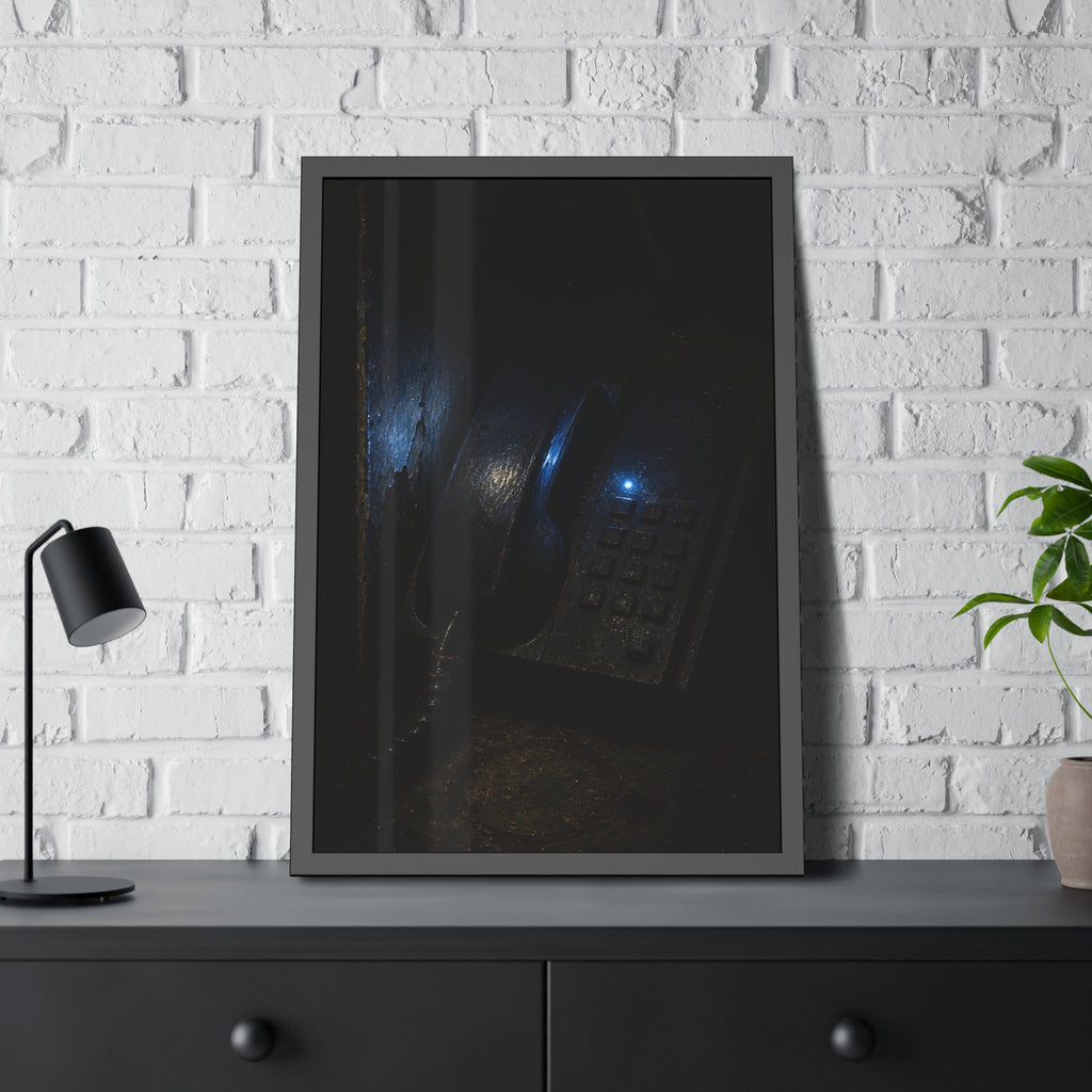 A grimy wall telephone in darkness with one small blue indicator light. The Night Queue by Garabaggio, framed fine art print hanging in a room.