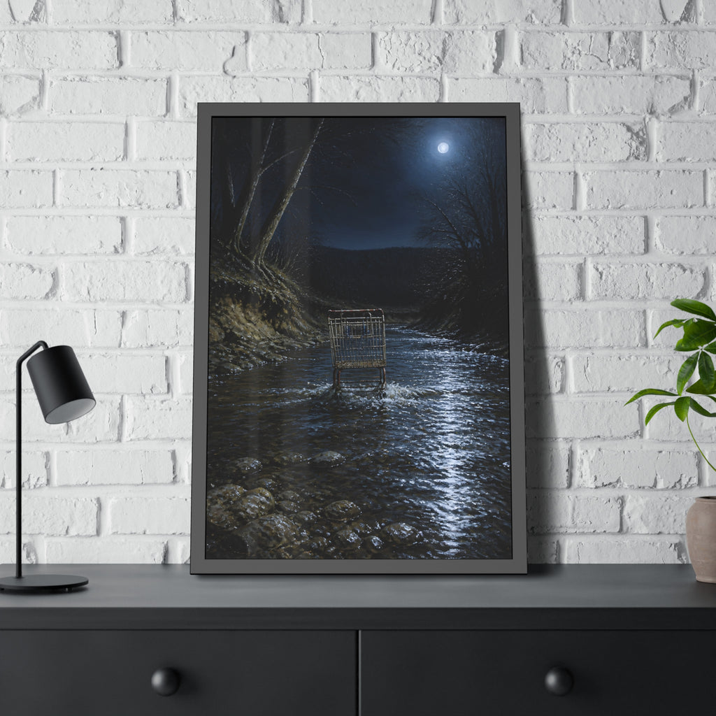 A shopping cart standing in a moonlit creek between dark trees. The Fording of the Creek by Garabaggio, framed fine art print hanging in a room.