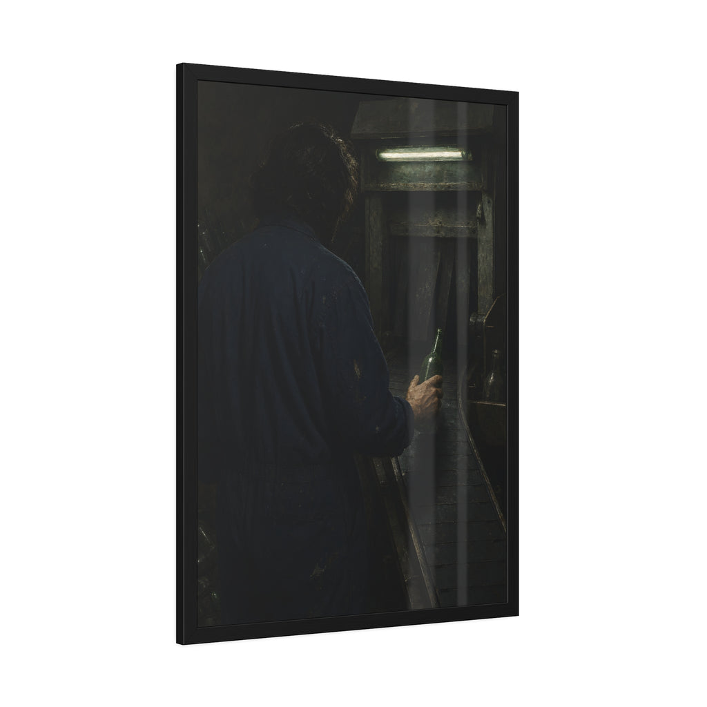 A man in coveralls sets a green bottle on a conveyor under a strip light. Garabaggio at the Conveyor by Garabaggio, framed fine art print hanging in a room.