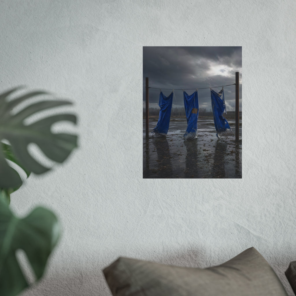 Three blue tarps hung from a wire over a wet lot under storm clouds. Banners After the Gale by Garabaggio, fine art print hanging in a room.