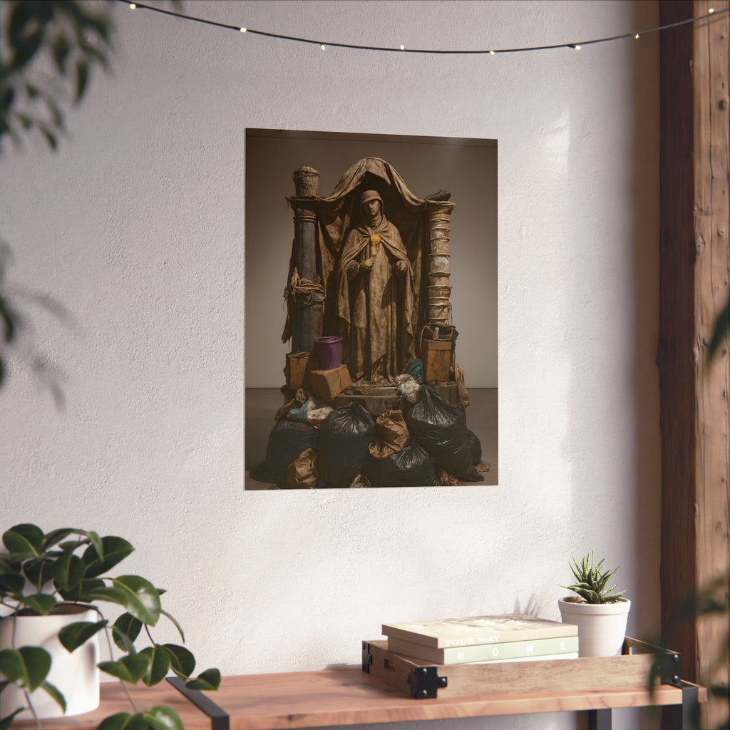 Draped standing figure under a canopy above a heap of black garbage bags. Saint Francis of the Black Bag by Garabaggio, fine art print hanging in a room.