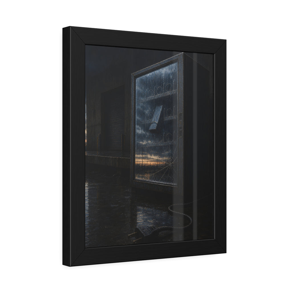 Empty vending machine with cracked glass reflecting dawn on a wet lot. Dawn in the Dead Glass by Garabaggio, framed fine art print hanging in a room.
