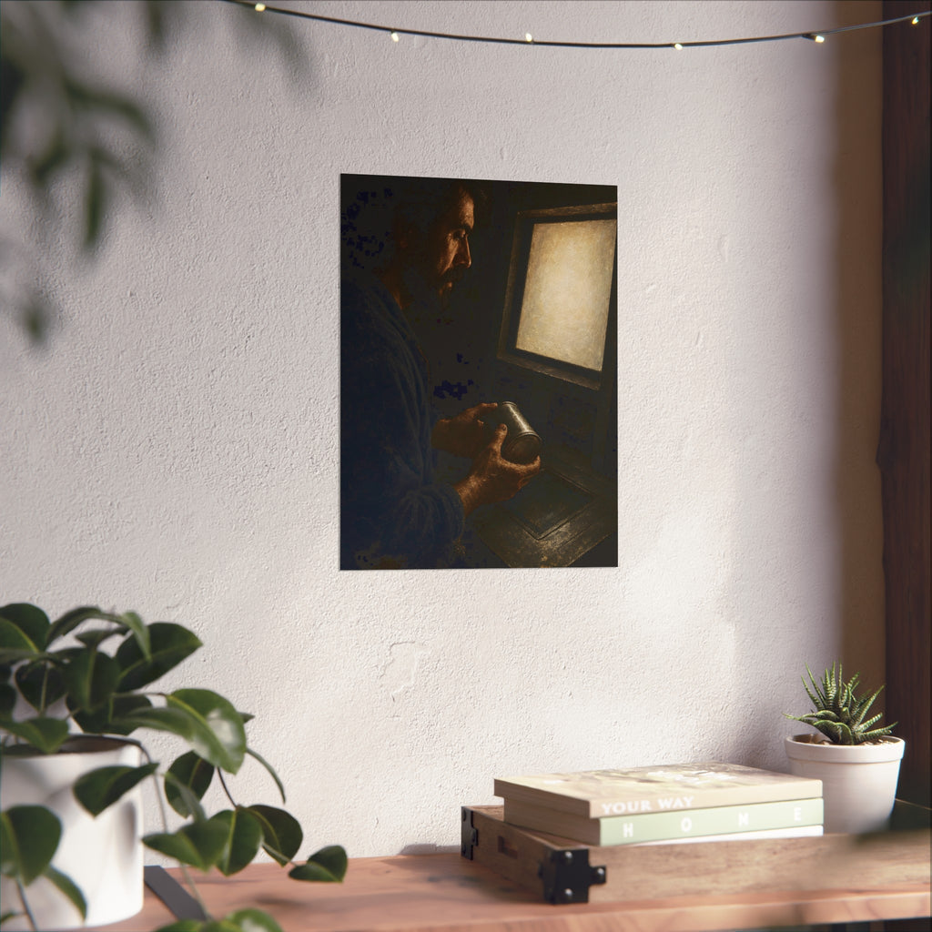 A bearded man holding a dented can before a lit checkout screen. The Item Without Recognition by Garabaggio, fine art print hanging in a room.
