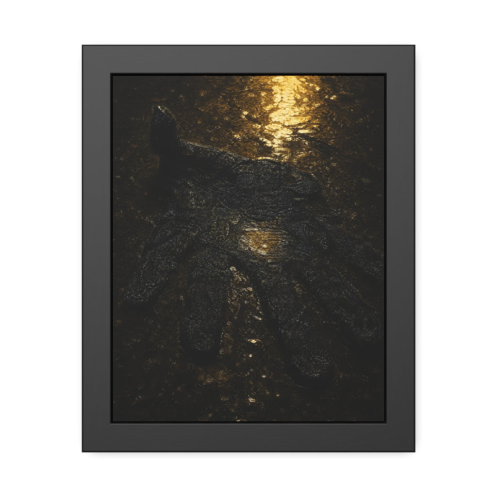 A flattened black glove pressed into wet asphalt beside a light streak. The Flattening, Study No. 1 by Garabaggio, framed fine art print hanging in a room.