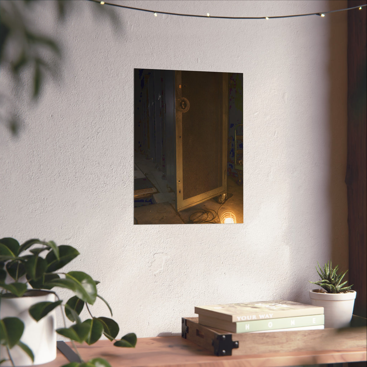 A perforated server rack door in a dark aisle lit by a floor work lamp. The Cold Aisle by Garabaggio, fine art print hanging in a room.