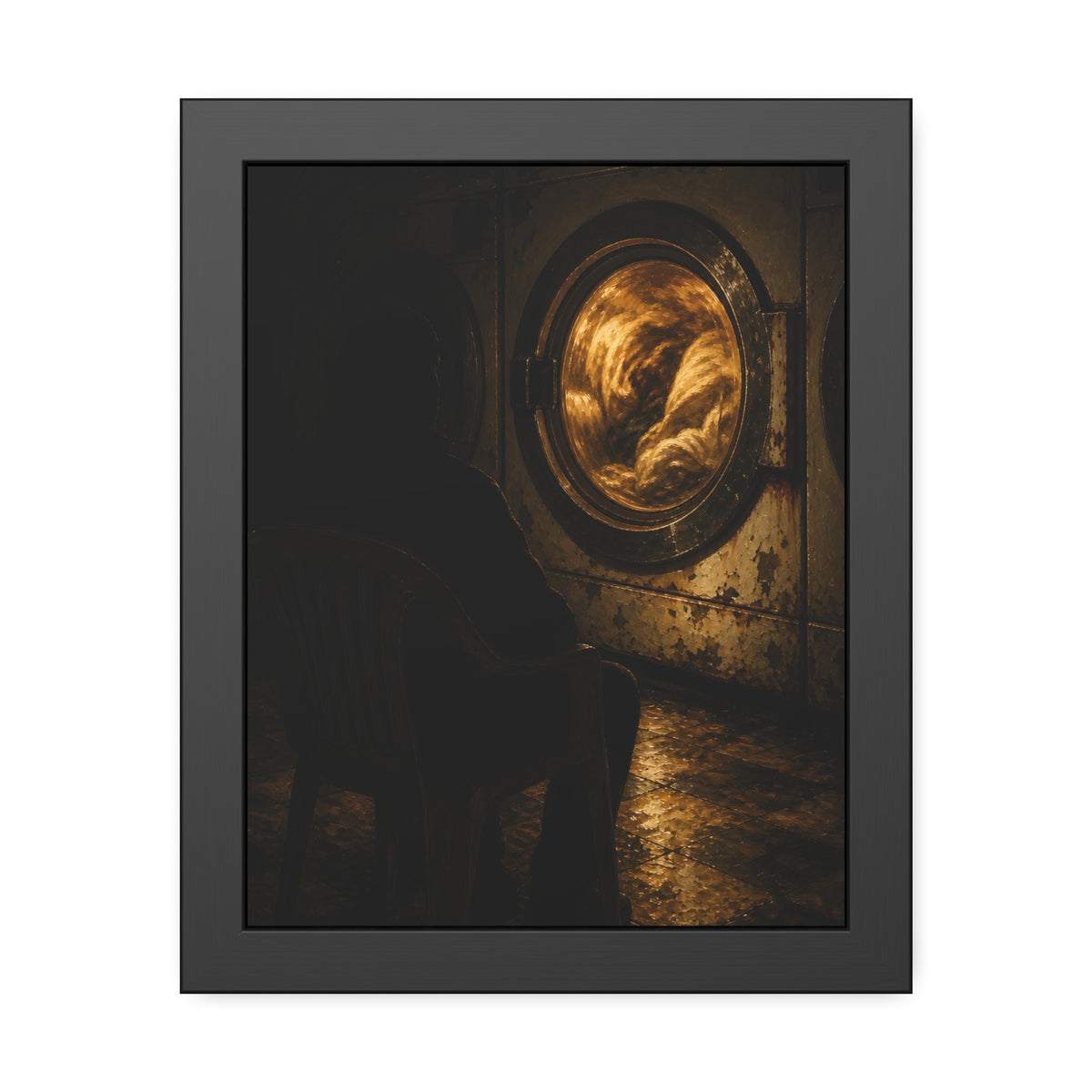 A person seated in a plastic chair facing a lit dryer drum. The Watcher in the Plastic Chair by Garabaggio, framed fine art print, 11″ x 14″.