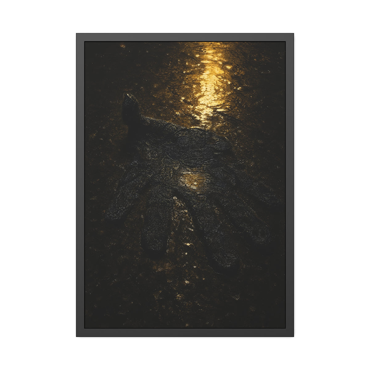 A flattened black glove pressed into wet asphalt beside a light streak. The Flattening, Study No. 1 by Garabaggio, framed fine art print hanging in a room.