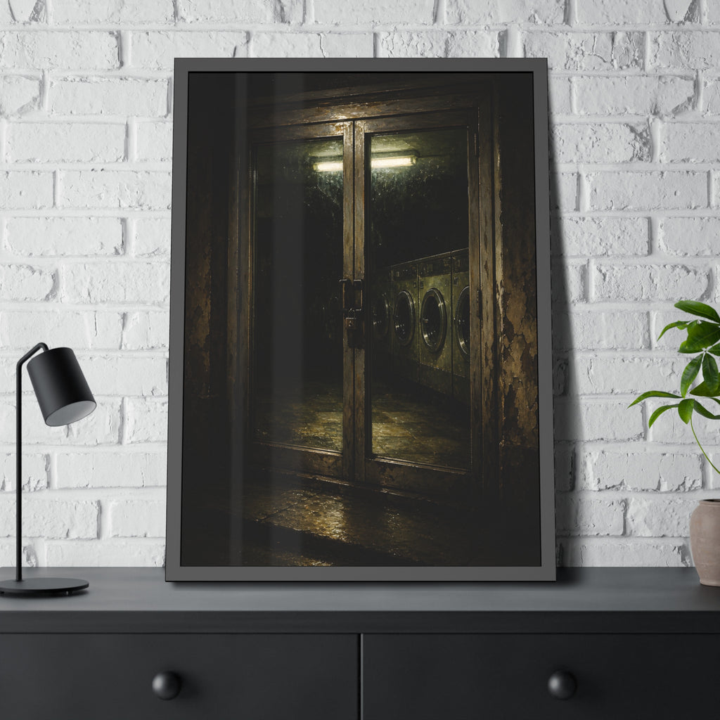 Glass laundromat doors at night with washers lit by a fluorescent tube. The Doors at Midnight by Garabaggio, framed fine art print hanging in a room.