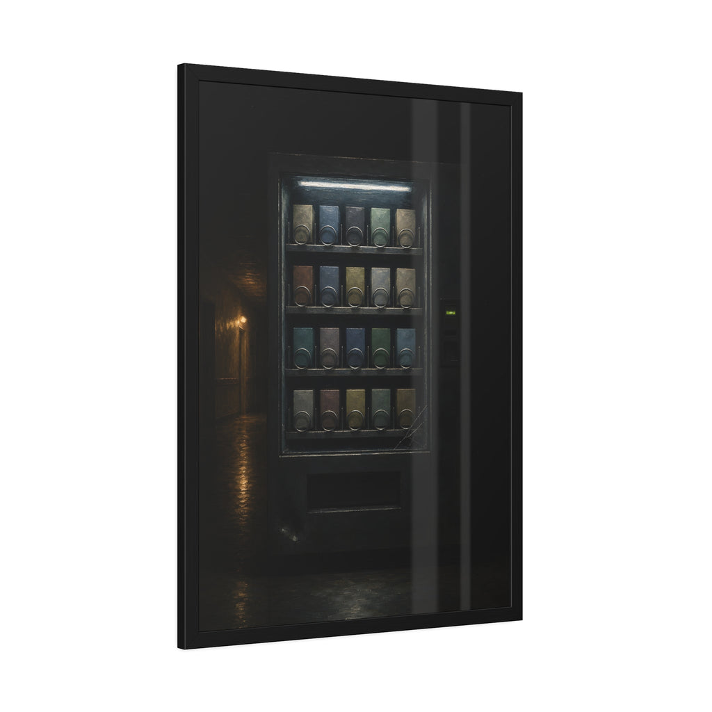 A fully stocked lit vending machine at the end of a dark corridor. The Full Grid at Closing by Garabaggio, framed fine art print hanging in a room.