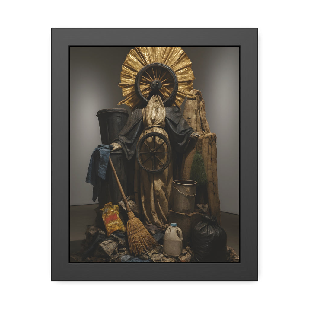 A draped figure with cart wheels above heaped trash. The Martyrdom of Saint Catherine of the Cartwheel by Garabaggio, framed fine art print, 11″ x 14″.