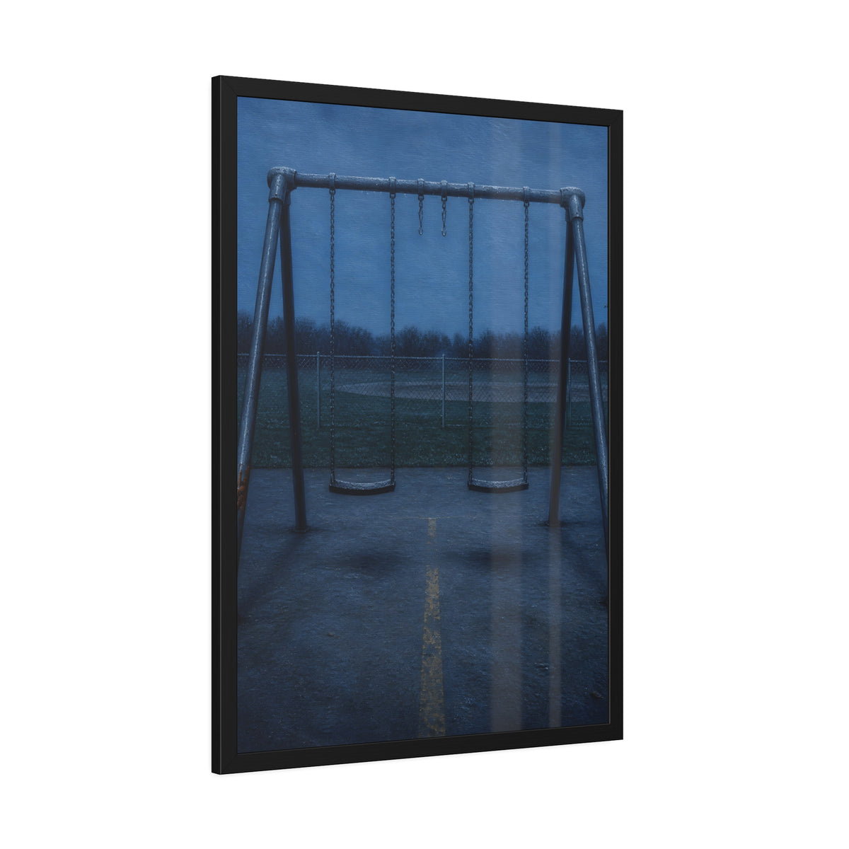A swing set at dusk with two seats hanging straight. The Sixth Hour: The Seat Hanging Straight by Garabaggio, framed fine art print hanging in a room.