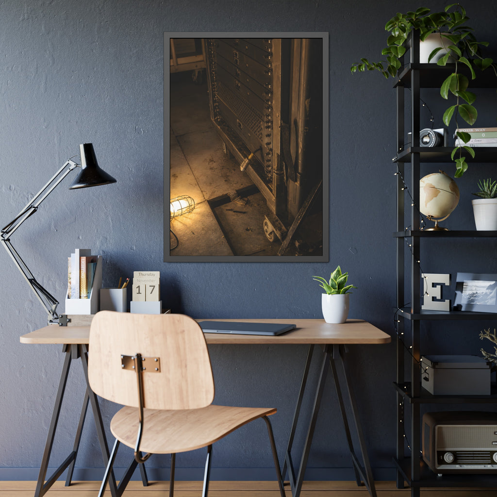 A server rack on a concrete floor beside a caged work light. The Silence at Cutover by Garabaggio, framed fine art print hanging in a room.
