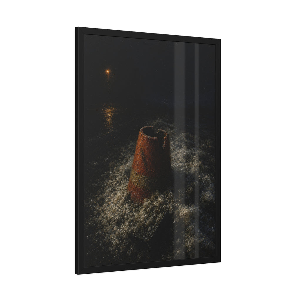 An orange traffic cone half buried in road salt under a distant streetlight. The Burial in Road Salt by Garabaggio, framed fine art print hanging in a room.