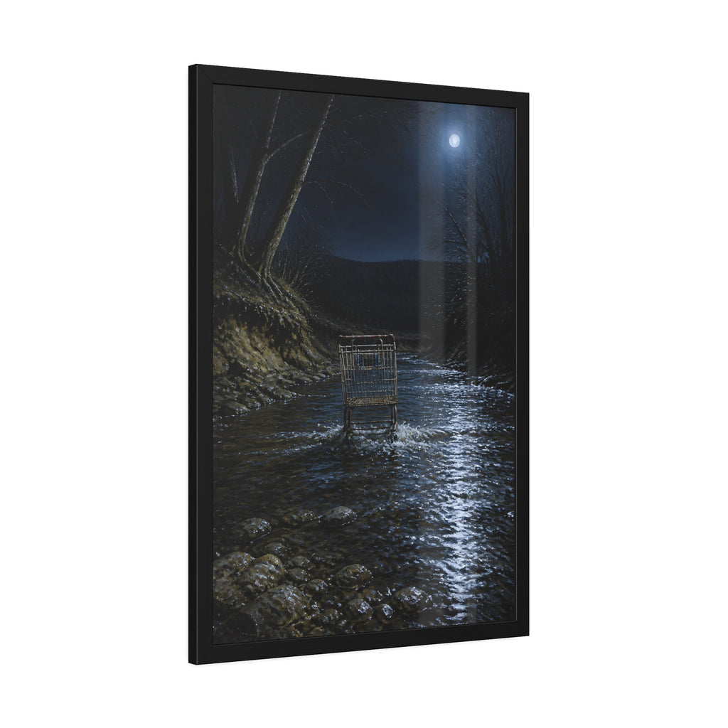 A shopping cart standing in a moonlit creek between dark trees. The Fording of the Creek by Garabaggio, framed fine art print hanging in a room.