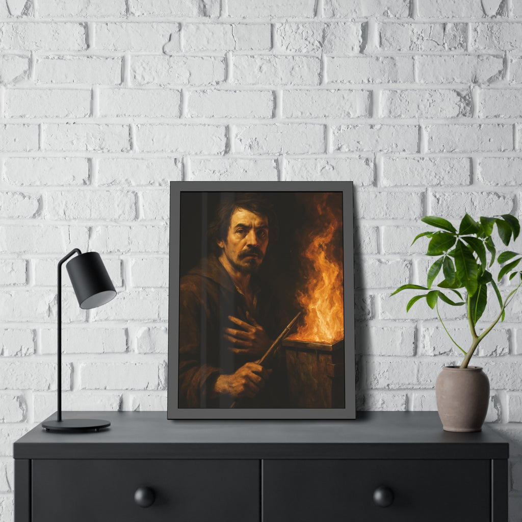 Man holding a long wooden stick, hand on chest, before a burning bin. Self-Portrait with Mahlstick by Garabaggio, framed fine art print hanging in a room.