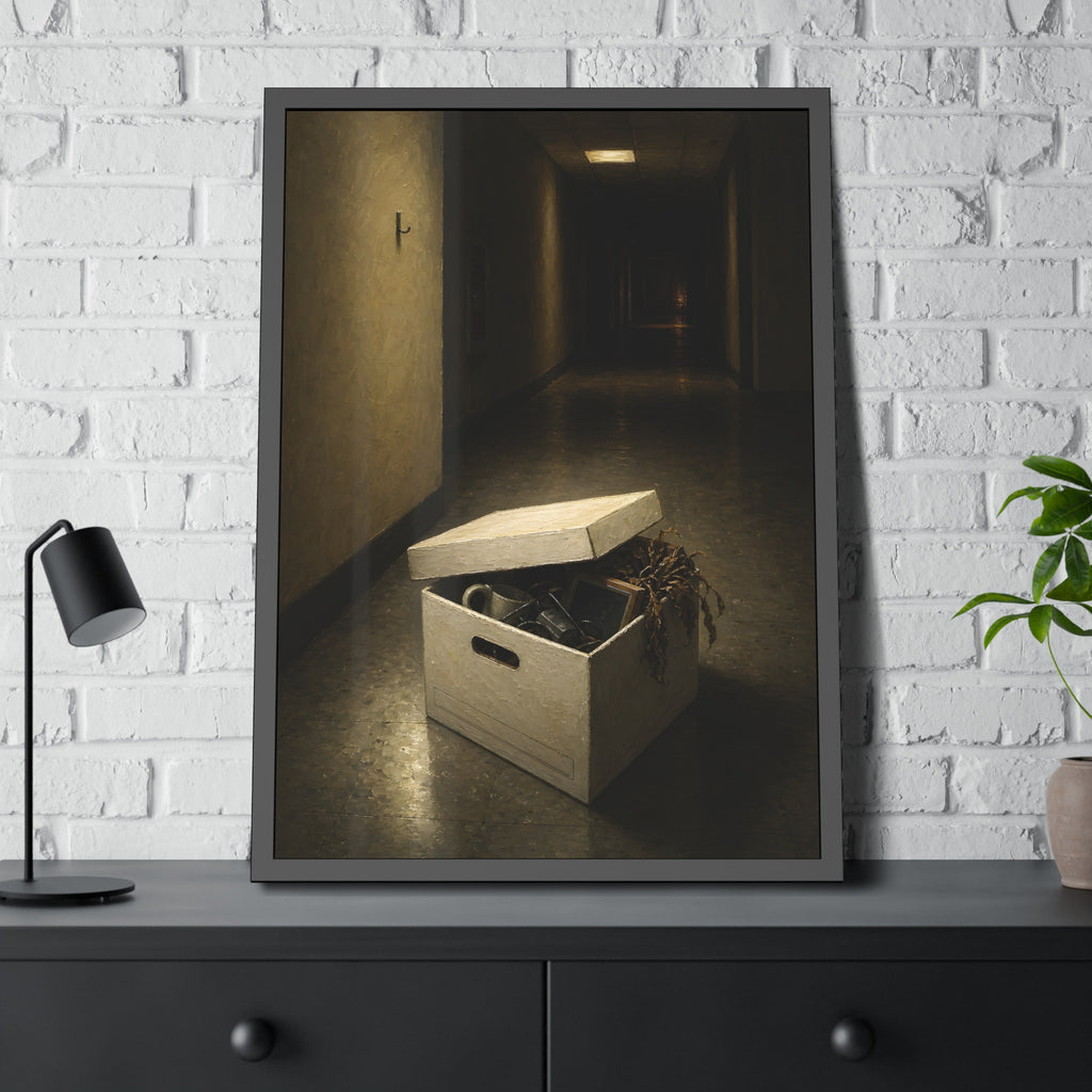 An open box of desk items on the floor of a dim office hallway. The Box of Personal Effects by Garabaggio, framed fine art print hanging in a room.
